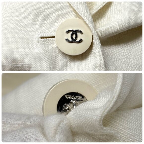 CHANEL Vintage 96P CC Mark Logo Jacket Silver Button #38 White Linen [106330] - Picture 10 of 11